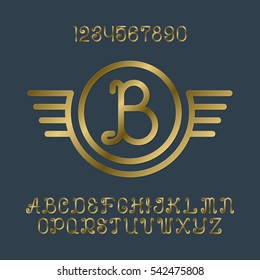 Beautiful golden curly letters and numbers with initial monogram in winged frame. Stylish font kit for logo design.
