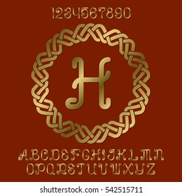 Beautiful golden curly letters and numbers with initial monogram in decorative round frame. Stylish font kit for logo design.