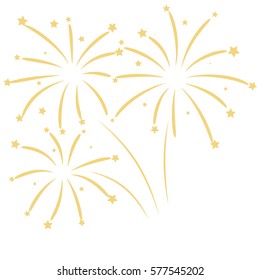 Beautiful golden firework on white background. Fireworks display celebration vector illustration. Festive patterned firework bursting in various shapes sparkling pictograms abstract isolated