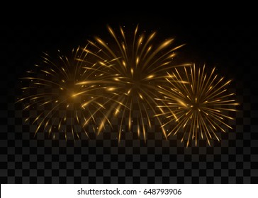  Beautiful golden fireworks. Isolated on transparent black background. Vector illustration, eps 10.