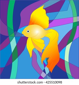 A beautiful Golden fish on a sea abstract background in the form of a colorful mosaic