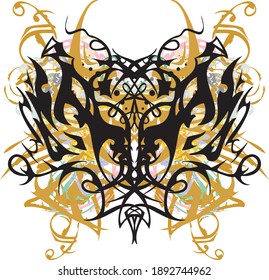 Beautiful golden floral butterfly wings splashes. Abstract butterfly wings formed by an art line against the background of decorative elements for prints, tattoos, textiles, wallpaper, etc.