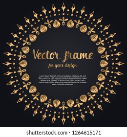 Beautiful golden floral radial frame with place for text. Festival boho style vector illustration. Gold flowers on black background