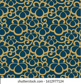 Beautiful Golden flower pattern on dark green background.Vector unique seamless asian texture.For printing on packaging, textiles, paper, manufacturing, wallpapers, scrapbooking.