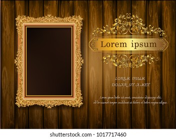 Beautiful Golden frame placed on a wooden background.With universal text frame. Thailand Royal gold photo frame on wooden pattern vector design template.