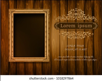 Beautiful Golden frame placed on a wooden background.With universal text frame. Thailand Royal gold photo frame on wooden pattern vector design template.