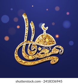 Beautiful Golden Glitter Ramadan Arabic Calligraphy with Mosque on Light Effect Violet Background for Islamic Festival Celebration Concept. Can Be Used Design as a Greeting Card.