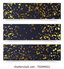 Beautiful golden glittering particle over dark layout flyer collection. Abstract decorative shiny gold luxurious metal pattern cards set. Vector illustration