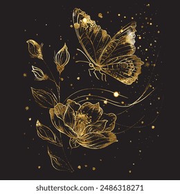 Beautiful golden glittery drawn butterfly flowers leaves  on black background with sparkling stars and glow particles. Vector shiny botanical romantic pattern. Isolated luxury decorative design.