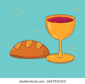 A beautiful Golden Goblet filled with wine and Fresh Bread presented on a Bright Background