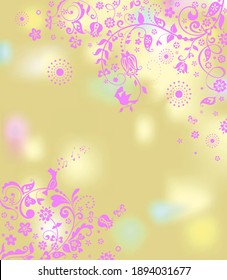 Beautiful golden greeting wedding card with floral decorative light violet pattern and lovely birds