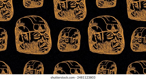 Beautiful golden hand drawing of Olmeca indigenous culture giant head seamless pattern over dark background