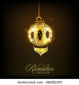 Beautiful golden hanging lantern on shiny brown background for Islamic holy month of prayers, Ramadan Kareem celebration. 