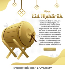 Beautiful Golden Happy Eid Mubarak Design Template For Advertisment, Ig Feed with Bedug Drum and Ketupat Ornament 