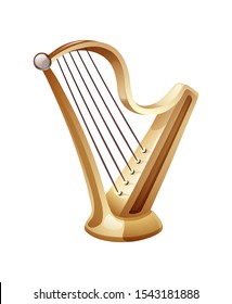 Beautiful golden harp with five strings. A classic musical string instrument, as well as a symbol of celebrations of traditional events. Vector illustration isolated.