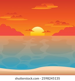 Beautiful golden hues paint the sky as the sun dips into the horizon, casting a warm glow over the gentle waves. The ocean shimmers, reflecting shades of orange, red, and blue,  across the sandy shore