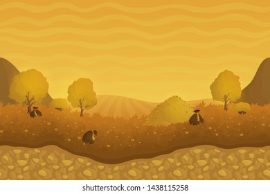 Beautiful golden landscape with money trees and bags fields and mountain