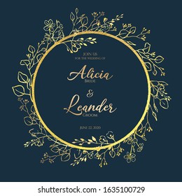 Beautiful Golden leaf floral decorative wreath, frame template for wedding invitation card. Vector. Eucalyptus leave and flowers.