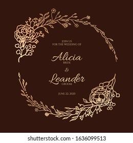 Beautiful Golden leaf floral decorative wreath, frame template for wedding invitation card. Vector. Eucalyptus leave and rose flowers.