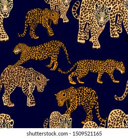Beautiful Golden Leopards. Seamless animal print. Safari textile collection. On black background.