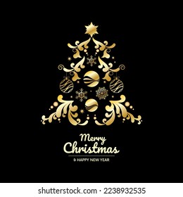 Beautiful golden luxury abstract christmas tree icon vector. Merry Christmas and Happy New Year greeting card with stylized golden christmas tree on a black background graphic design element
