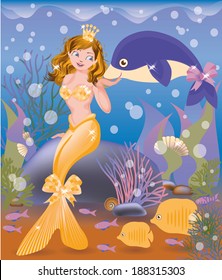 Beautiful golden mermaid girl and dolphin, vector illustration