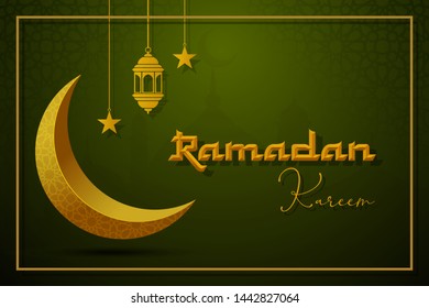 Beautiful golden moon and mosque ramadan kareem vector image. Ramadan kareem vector green background