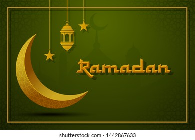 Beautiful golden moon and mosque ramadan kareem vector image. Ramadan kareem vector green background image