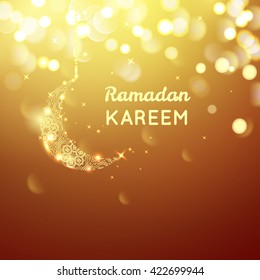 Beautiful golden moon, Ramadan Kareem greeting on gold bokeh background.