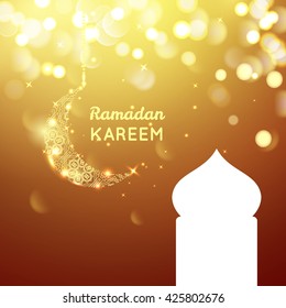 Beautiful golden moon, Ramadan Kareem greeting on gold bokeh background.