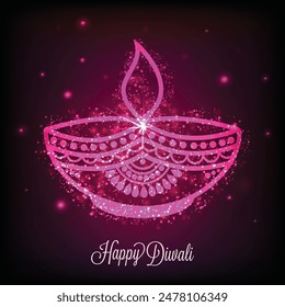 Beautiful Golden Oil Lit Lamp (Diya) on shiny pink background, Glowing Indian Festival background, Elegant Greeting Card design for Happy Diwali celebration.
