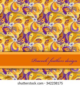 Beautiful golden orange and yellow peacock feathers, seamless pattern background. Text place. Vintage vector illustration.