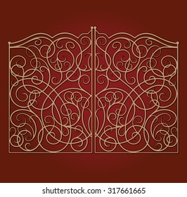 Beautiful golden ornamented gate on dark red gradient background