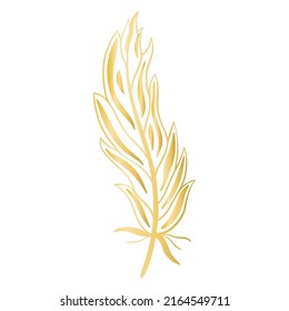 Beautiful golden painted bird feather isolated vector illustration. Gold boho element. Graceful decoration for design