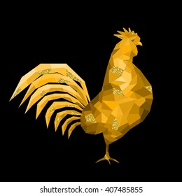 Beautiful golden polygon rooster with glittering elements on black background. Vector illustration for your graphic design.