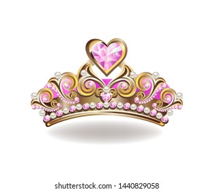 Beautiful golden princess crown with pearls and pink jewels. Vector illustration on white background.