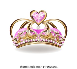 Beautiful golden princess crown with pearls and pink jewels. Vector illustration on white background.