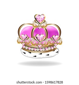 Beautiful golden princess crown with pearls and pink jewels. Vector illustration on white background.