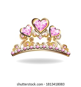 Beautiful golden princess crown with pearls and pink jewels. Vector illustration on white background.