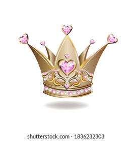 Beautiful golden princess crown with pearls and jewels. Vector illustration on white background.