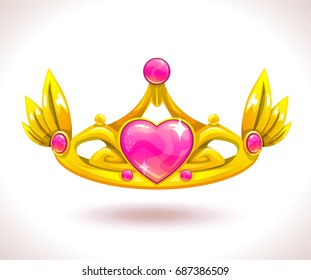 Beautiful golden princess crown with pink ruby hearts. Vector cartoon diadem icon.