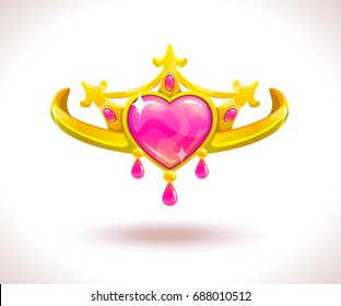 Beautiful golden princess crown with pink ruby heart. Vector cartoon diadem icon.