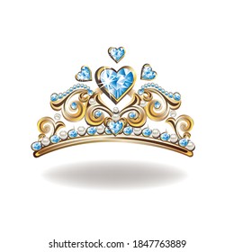 Beautiful golden princess tiara with pearls and jewels. Vector illustration on white background.