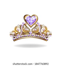 Beautiful golden princess tiara with pearls and jewels. Vector illustration on white background.