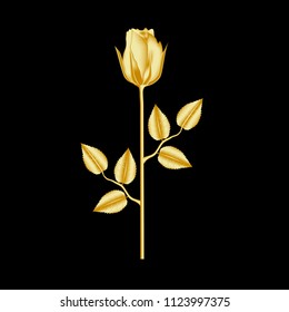 Beautiful golden rose flower with petals, stem and leaves. Realistic 3d design. Vector illustration, isolated on black background. Can be used as an element of your design.