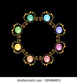 Beautiful Golden round frame with rainbow colored precious stones.