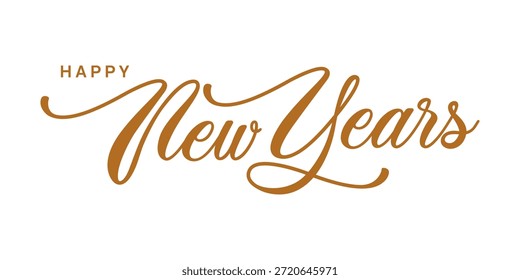 Eine schöne goldene Schrift schreibt Happy New Year auf sauberem, weißem Hintergrund aus.