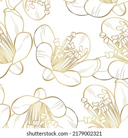 Beautiful golden seamless floral pattern with apple flowers over white. Nature botanical gold  background illustration. 