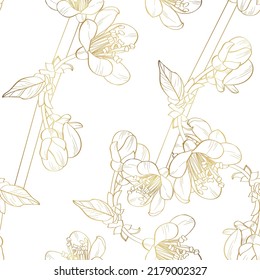 Beautiful golden seamless floral pattern with apple flowers over white. Nature botanical gold  background illustration. 
