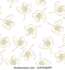 Beautiful golden seamless floral pattern with apple flowers over white. Nature botanical gold  background illustration. 